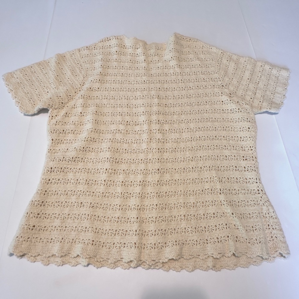 Van Heusen Cream Crochet Knit Cardigan Short Sleeve Ramie Cotton XL - Picture 6 of 7
